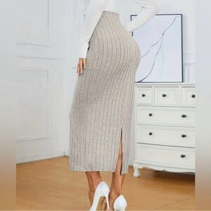 Rust Colored Ribbed Bodycon Skirt with Slit